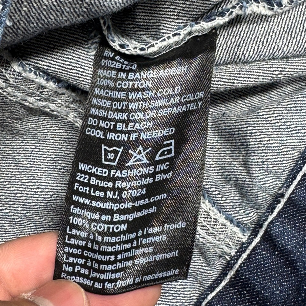 Southpole Denim Jacket Mens L‎ Blue Acid Wash Distressed Button Up Hip Hop - Picture 3 of 8